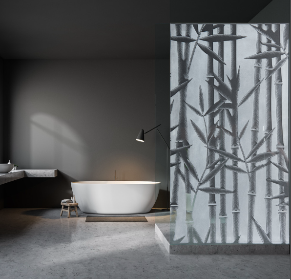 Paroi en verre gravé Neoma – création artistique en verre pour architecture intérieure– création Amandine Mangenot